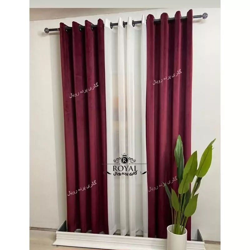 پرده کامل مخمل کالیفرنیا زرشکی  و حریر ترک برای پنجره یک متر و نیم الی دو متری